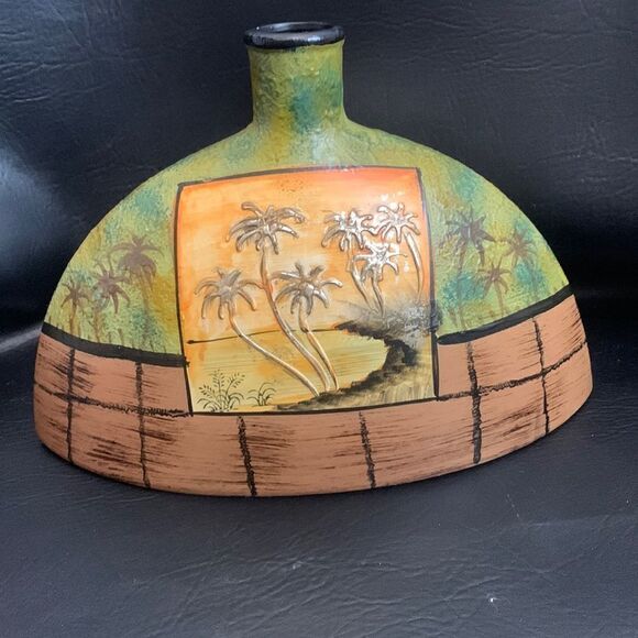 PalmTree Ceramic Vase Hand painted Gold Flaked Green Brown 13 X 8 1/2 Inch Tall - Picture 1 of 7